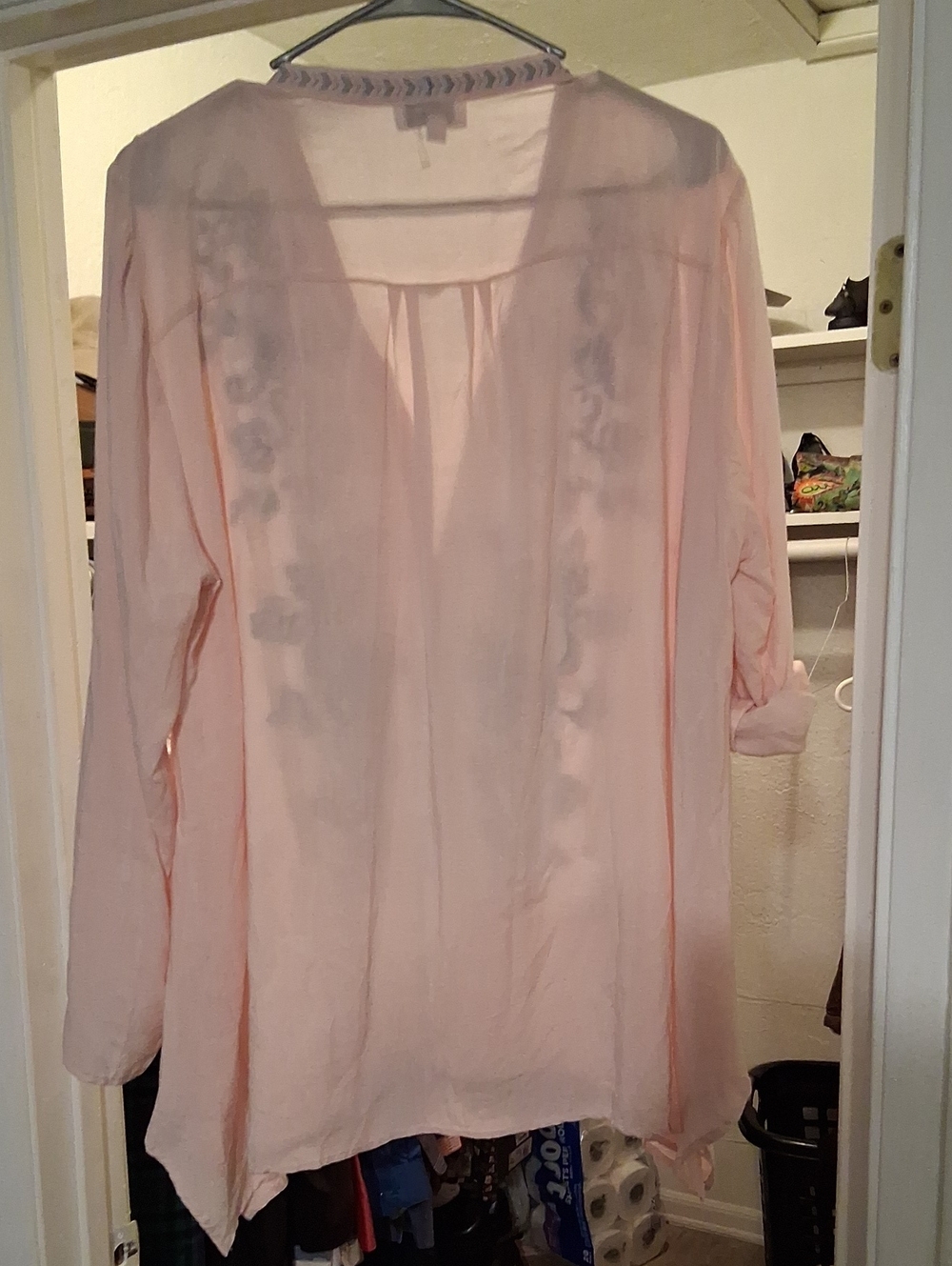 Light Pink Embroidered V-Neck Tunic Top with Navy Floral Detail - Picture 6 of 8